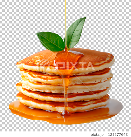 Stack of golden pancakes with maple syrup isolated on a transparent background. Fluffy breakfast pancakes with syrup drizzling down, served on a white plate. 123277648