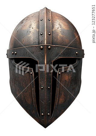 Ancient warrior helmet isolated on a transparent background. Aged bronze medieval battle helmet with a faceplate, historical armor for knights and soldiers. 123277651