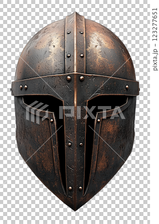 Ancient warrior helmet isolated on a transparent background. Aged bronze medieval battle helmet with a faceplate, historical armor for knights and soldiers. 123277651