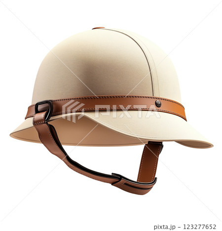 Vintage pith helmet isolated on a transparent background. Classic beige safari hat with leather strap and detailing, colonial-style headgear. 123277652