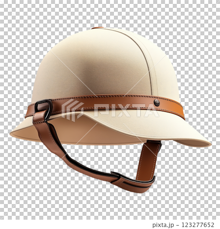 Vintage pith helmet isolated on a transparent background. Classic beige safari hat with leather strap and detailing, colonial-style headgear. 123277652