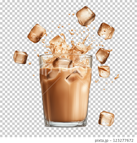 Glass of iced coffee with splashing liquid and floating ice cubes, isolated on a transparent background. Refreshing cold coffee beverage with milk and ice in motion. 123277672