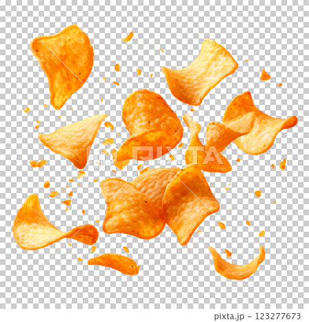 Crispy golden potato chips flying in mid-air, isolated on a transparent background. Thin, crunchy snack pieces with scattered crumbs. 123277673