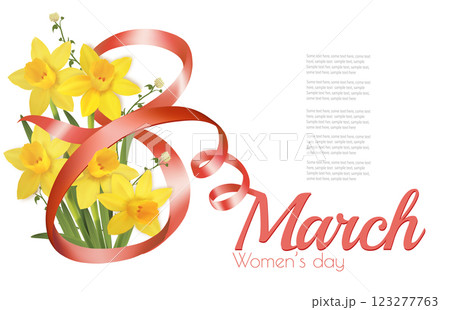 8th March illustration with pink and white roses flowers and pink ribbons. International Women's Day. Vector. 123277763