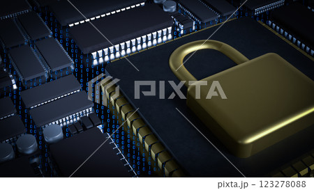 The Gold Lock on Chip for Technology or Security concept 3d Rendering. 123278088