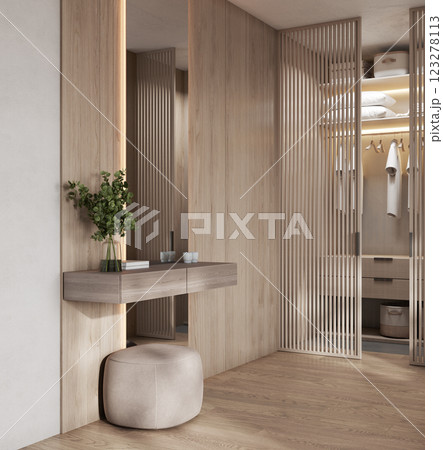 Bedroom interior with vanity table and closet, 3d visualization Bedroom interior with vanity table and closet, 3d visualization 123278113