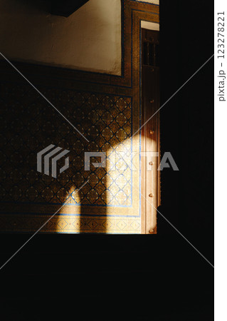 Sunlit pattern on ornate wall in dimly lit room. Spain Square, Plaza de Espana 123278221