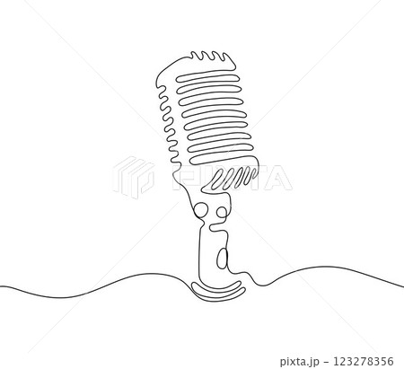 Minimalistic one continuous line drawing of a microphone with musical harmonics Minimalistic one continuous line drawing of a microphone with musical harmonics 123278356
