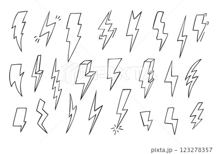 Hand drawn lightning bolt doodles in various styles. Comic art 123278357