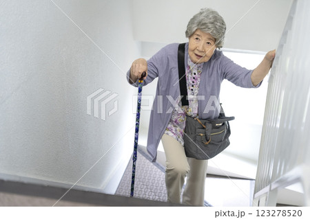 杖をつきながら階段をあがる80代の女性 123278520