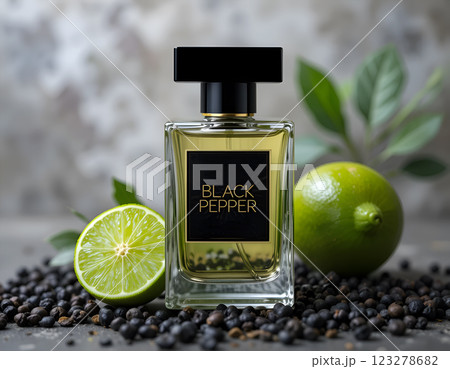 perfumery bottle with fragrance with black pepper and bergamote around . Digital artwork. Ai generated. perfumery bottle with fragrance with black pepper and bergamote around . Digital artwork. Ai generated. 123278682