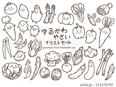 ゆるかわ野菜　イラストセット 線画 123278797