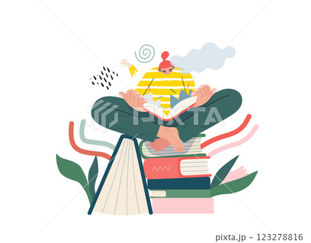 Life Unframed: Book universe -modern flat vector concept illustration of a reader on stack of books. Metaphor of unpredictability, imagination, whimsy, cycle of existence, play, growth and discovery Life Unframed: Book universe -modern flat vector concept illustration of a reader on stack of books. Metaphor of unpredictability, imagination, whimsy, cycle of existence, play, growth and discovery 123278816