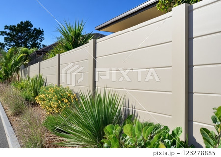 Fiber cement boards compose a long fence protecting a residential area 123278885