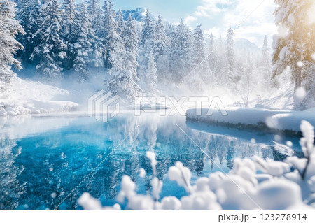Warm steam rising from outdoor thermal baths creates a magical atmosphere in a snow covered winter landscape 123278914