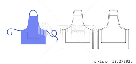 Set of Short Aprons with pocket technical fashion illustration. Chef uniform for cooking blue cartoon Flat sketch Set of Short Aprons with pocket technical fashion illustration. Chef uniform for cooking blue cartoon Flat sketch 123278926