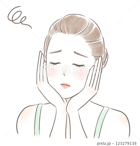 目を閉じて困った顔の両手で頬を包むキャミソールを着た女性 目を閉じて困った顔の両手で頬を包むキャミソールを着た女性 123279138