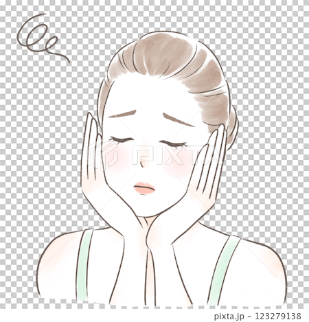 目を閉じて困った顔の両手で頬を包むキャミソールを着た女性 目を閉じて困った顔の両手で頬を包むキャミソールを着た女性 123279138