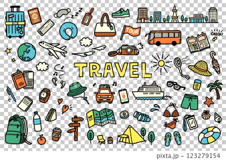 旅行　夏休み　アイコン　手書き　セット　かわいい　白背景 123279154