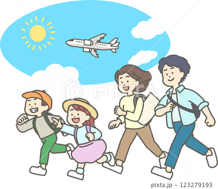 飛行機で旅行をする家族のイラスト 123279193