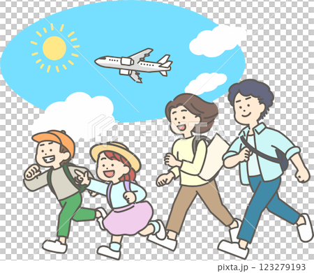 飛行機で旅行をする家族のイラスト 123279193