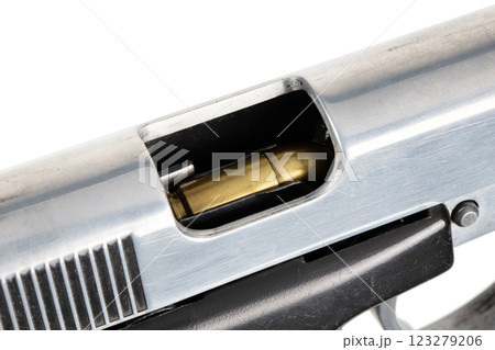 semi automatic 9mm handgun stainless pistol with ammo in receiver isolated on white 123279206