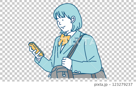 A high school girl listening to music with earphones on her smartphone 123279237