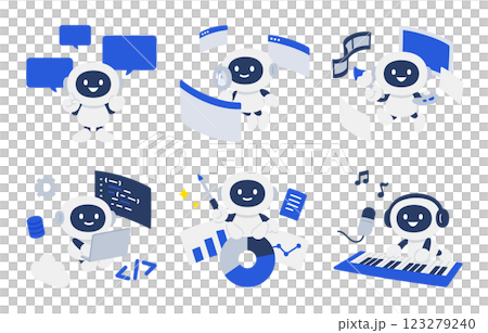 一組可以交談、調查、產生和編程的人工智慧機器人 [向量插圖素材] 123279240