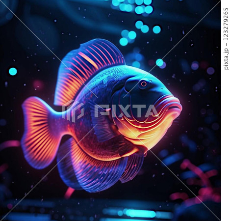Fish in neon color. Beautiful fauna of the aukarium world. Fish in neon style. Fish in neon color. Beautiful fauna of the aukarium world. Fish in neon style. 123279265