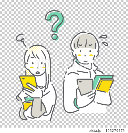 A simple and stylish line drawing of a college student dissatisfied with his smartphone 123279373