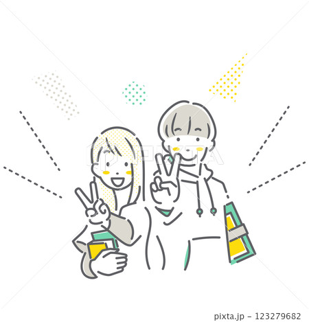 笑顔でVサインをする大学生　シンプルでお洒落な線画イラスト 123279682