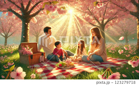 春の桜の下で家族のお花見ピクニック 123279718