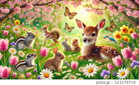 春の草原と子動物たち – 小鹿、ウサギ、リスの楽園 123279719