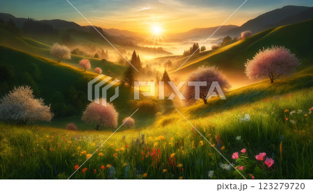 春の夜明け – 朝日が照らす山々と桜の木 123279720