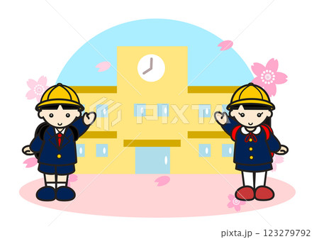 校舎を背に手をふる新一年生の男の子と女の子 校舎を背に手をふる新一年生の男の子と女の子 123279792