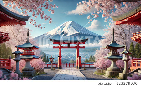 富士山と赤い鳥居 – 日本の伝統美と四季の景色 富士山と赤い鳥居 – 日本の伝統美と四季の景色 123279930
