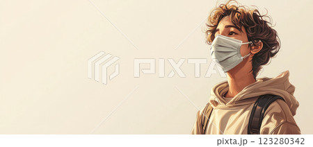 person wearing protective mask, calm expression, casual outfit, clean background, soft neutral palette, space for text 123280342