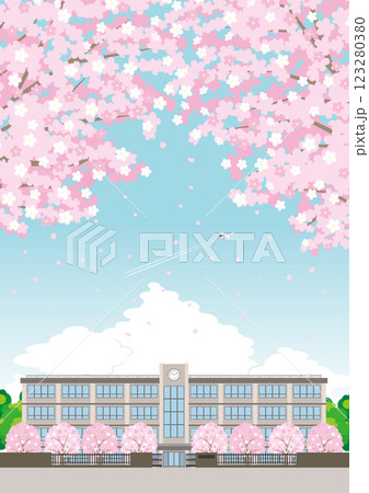 桜咲く春の校舎のイラスト. 123280380