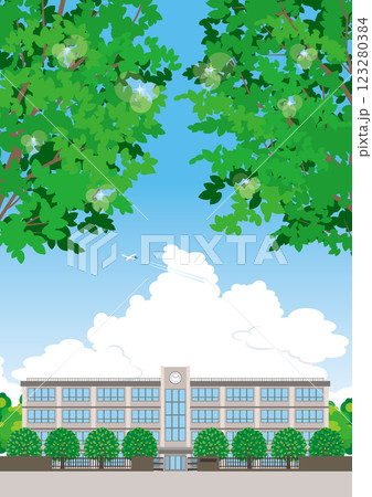 新緑の葉が茂る校舎のイラスト. 123280384