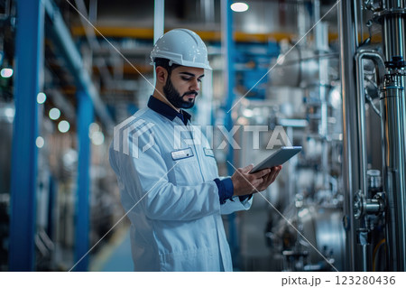 Arab engineer inspecting equipment in modern manufacturing plant 123280436