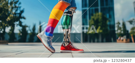 Confident person with prosthetic leg wearing pride flag colors, showcasing strength and individuality 123280437