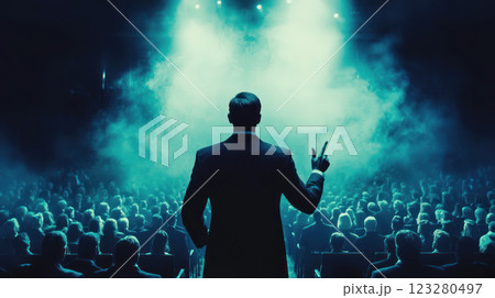 confident speaker addresses focused audience, with hints of deception 123280497