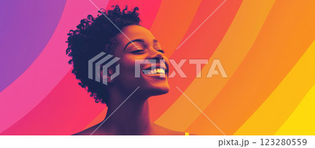 Smiling individual with curly hair against vibrant rainbow background, expressing joy and confidence 123280559