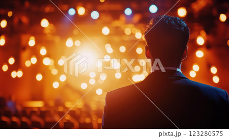 man in suit stands on stage, illuminated by bright lights, reflecting on his achievements 123280575