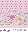お花畑と猫の横シームレスパターンピンク 123280860
