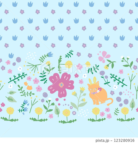 お花畑と猫の横シームレスパターン水色 お花畑と猫の横シームレスパターン水色 123280916