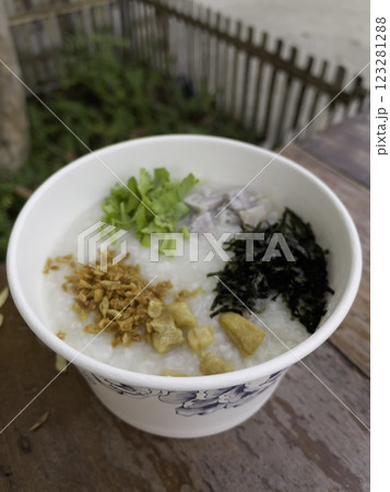 Congee is a type of rice porridge or gruel Thai breakfast street food Congee is a type of rice porridge or gruel Thai breakfast street food 123281288