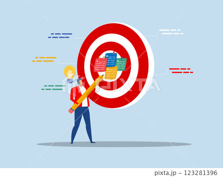 business Goal target,businessman write down goal on notes and put on big dartboard target.vector illustrator business Goal target,businessman write down goal on notes and put on big dartboard target.vector illustrator 123281396