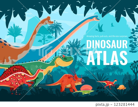 Prehistoric dinosaur character atlas book cover with jurassic era dino animals and jungle landscape vector background. Cartoon allosaurus, styracosaurus and edaphosaurus dinosaur characters 123281444
