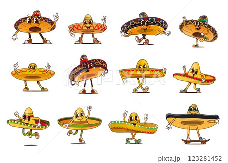 Funny groovy Mexican sombrero hat characters with happy smile, vector cartoon emoji. Groovy Mexican sombrero cartoon characters with funky silly face and Hi cool or hippie peace gesture for fiesta 123281452